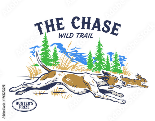 Hunting dog chasing a rabbit in nature. Forest camp artwork, summer adventure, wild animal graphic for t-shirt print, poster, and sticker design.