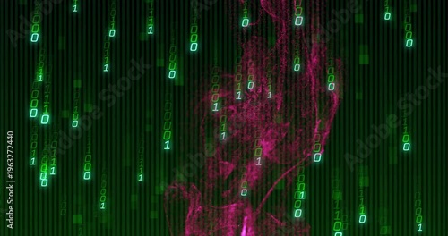 One-second cue releasing magenta smoke streaming downward amid green binary code showing data flow