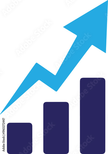 A blue arrow rises above three dark blue bars on a in a graphic image