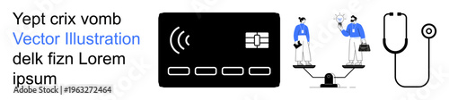 Fintech, digital payments, financial balance, healthcare, modern banking, technology solutions. Credit card, people on scales and stethoscope on white background. Fintech and healthcare innovation