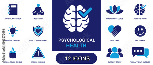 Psychological health icon set. Containing journal notebook, meditation, mindfulness lotus, positive brain, positive thinking, safety shield heart, self care, smiley face, stress relief candle, stress 