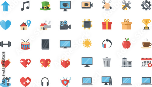 Multimedia and Technology Icon Set with Gadgets, Heart, Education, Music, Home, and Business Illustrations