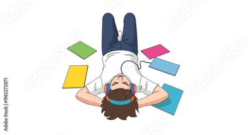 Person Relaxing on Floor with Headphones and Colorful Books