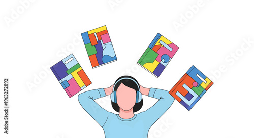 Listening to an Audiobook or Podcast with Headphones and Abstract Colorful Ideas