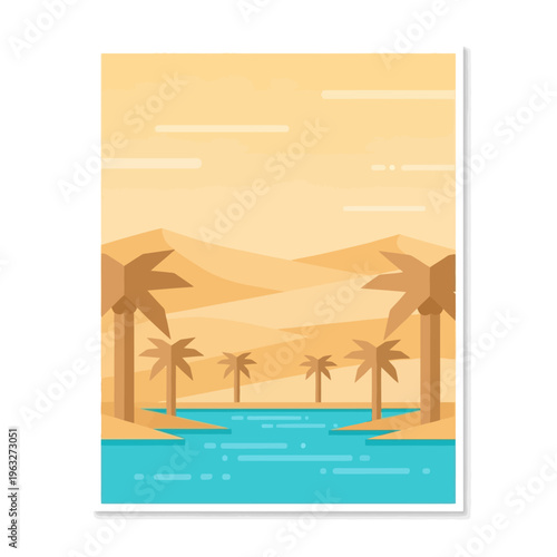Flat design illustration of a desert oasis with palm trees and a body of water.