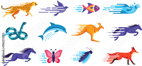 Colorful Fast Animal Motion Vector Set with Cheetah Bird Fish Dolphin Kangaroo Horse Fox Butterfly and Insect Characters for Speed Action Illustration