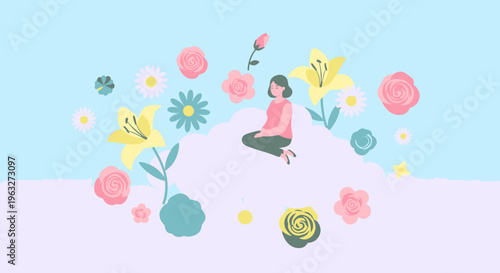 Woman sitting on hill surrounded by colorful flowers and plants in nature.