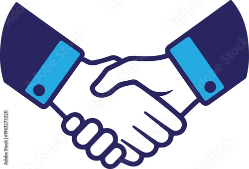 A handshake between two people in business attire is depicted in blue and white colors simply