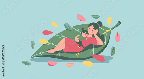 Woman relaxing on a large leaf.