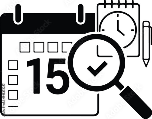 A calendar with a magnifying glass and a clock in the background for time management purposes daily