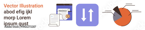 Financial technology, analytics, data transfer, business management, invoice processing, and statistics. an invoice, arrows for data sync and a pie chart. Highlights financial technology