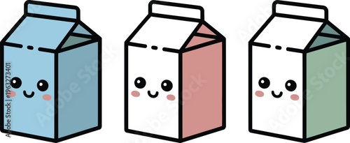 Three cartoon milk cartons with happy faces on colorful boxes side by side