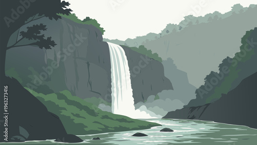 Beautiful waterfall in mountain valley with misty forest scenery. Ideal for travel poster, nature wallpaper, eco tourism design, adventure background, outdoor branding, and scenic illustration.