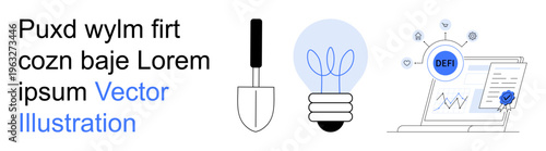 Technology, renewable energy, gardening tools, creative thinking, digital solutions, eco-friendly concepts. Spade, lightbulb and certified laptop graphic. Renewable energy and digital solutions