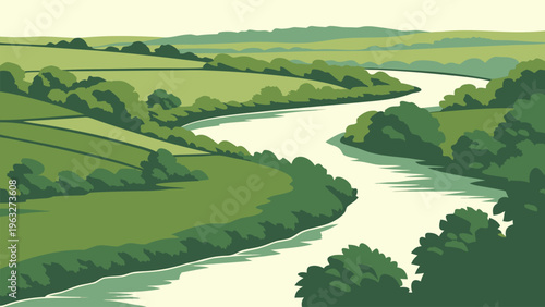 Panoramic river flowing through green hills and farmland landscape. Great for nature background, eco tourism, travel branding, outdoor poster, landscape wallpaper, and scenic illustration.