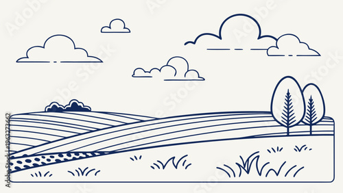 Simple hand drawn landscape with fields, clouds, and trees in clean line style. Ideal for coloring book, minimal poster, nature background, sketch design, and branding illustration.