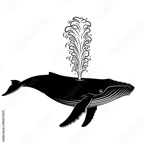 Stylized illustration of a humpback whale spouting water, isolated on a white background.