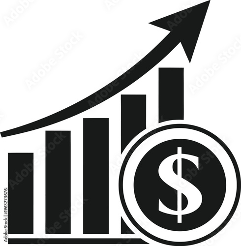 Financial growth chart represented by a bar and line graph with dollar signs