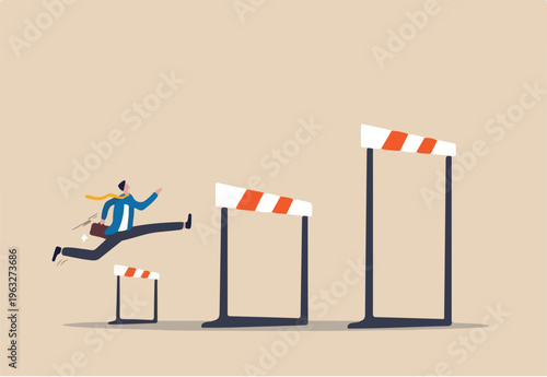 Business challenge, overcome difficulty or obstacle to achieve business success, effort, skill or aspiration to solve problem concept, ambitious businessman jump over hurdles to find higher obstacles