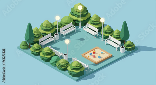 Isometric Park with Benches, Trees, and Sandbox Vector Illustration