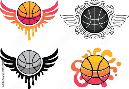 Basketball, logo, set, with, wings, and, liquid, drip, effect, sports, emblem, collection, for, team, branding, streetball, tournament, creative, vector, illustration,