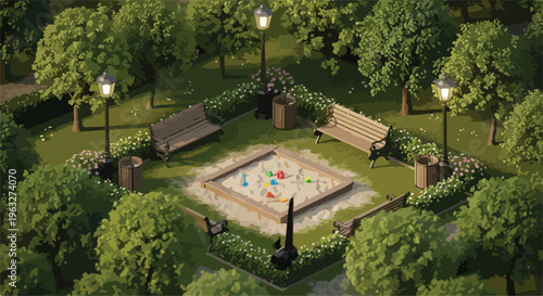 Isometric Park Playground with Sandbox and Benches Vector