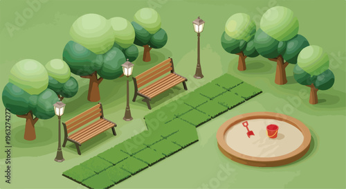 Isometric Park Scene Vector Illustration with Benches, Trees, and Sandbox