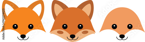 Three cartoon fox heads peeking out in illustration style with orange hues