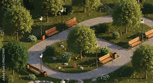 Aerial View of Green Park with Winding Paths and Wooden Benches