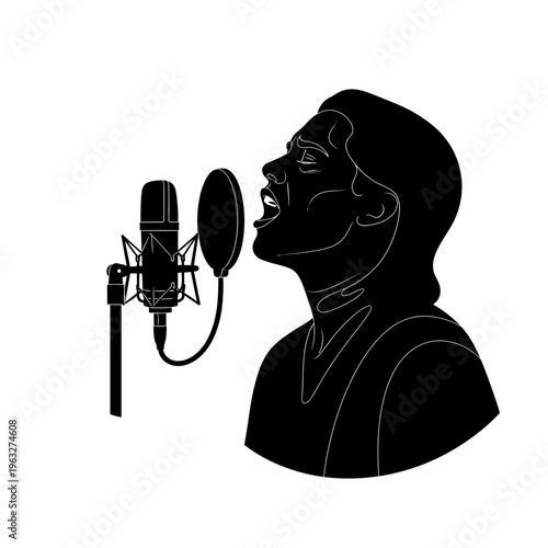 Silhouette of a person singing into a professional studio microphone with a pop filter.