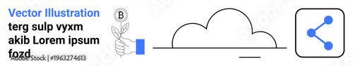 Cloud storage, environmental sustainability, sharing economy, digital communication, eco-friendly technology, data sharing. Outline of a cloud, hand holding a leaf and a sharing icon. Cloud storage