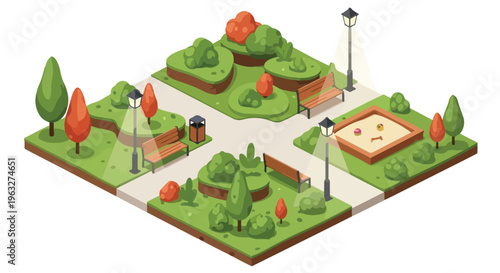 Isometric Cartoon City Park with Benches, Trees, and Sandbox Vector