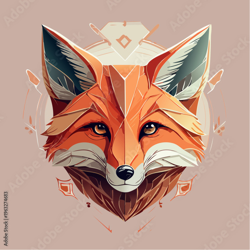 Artistic Geometric Fox Illustration with Tribal Embellishments on a Soft Beige Background, a Stylized Woodland Creature Portrait