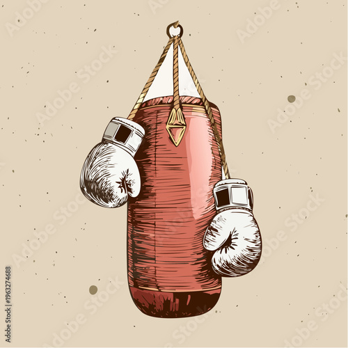 Vintage hand-drawn illustration of a classic boxing punching bag and white boxing gloves, depicting gym training and combat sports fitness equipment in a retro sketch style