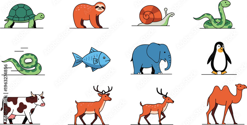 Naklejka premium Cute Cartoon Animal Set with Turtle Sloth Snail Snake Fish Elephant Penguin Cow Deer Camel Characters for Kids Education and Wildlife Vector Collection