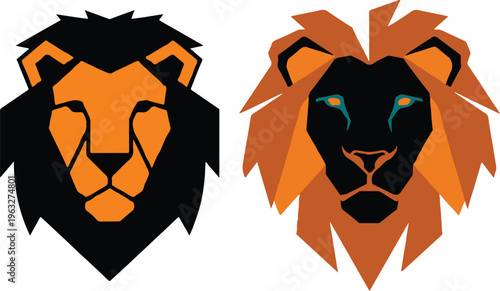 Vibrant orange and black lion heads illustration