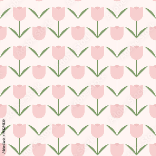 Seamless Scandinavian tulip pattern in soft pastel pink and green minimalist Nordic style background