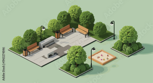 Isometric Park Landscape with Benches, Trees, and Sandbox Vector
