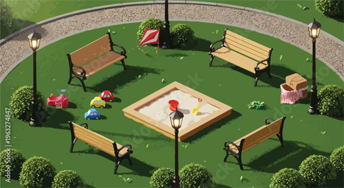 Isometric Park Playground with Sandpit, Benches, and Toys Vector