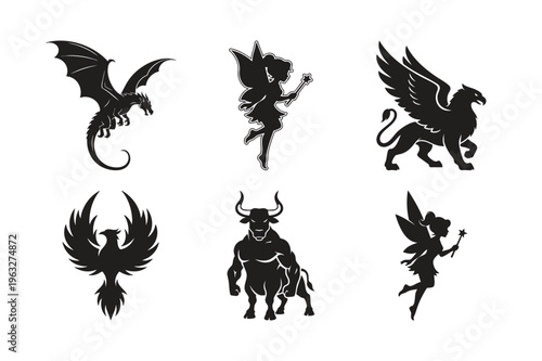 Magical character silhouette set bundle with fairy and winged dragon.