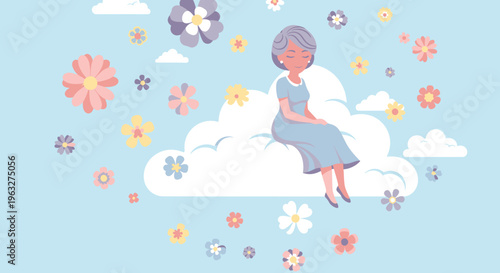 Woman sitting on a cloud surrounded by flowers.