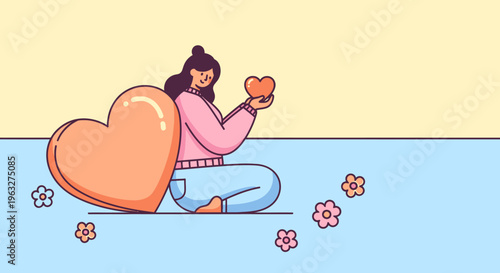 Woman sitting with a heart and flowers.