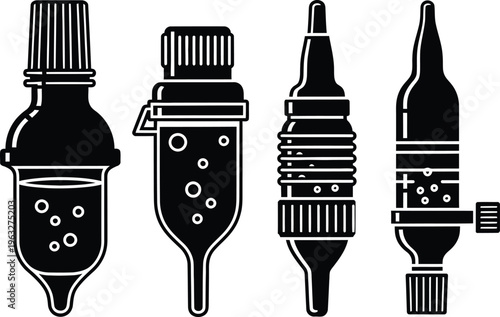 Set of Four Vector Icons Representing Medical Droppers, Chemical Vials, and Liquid Containers