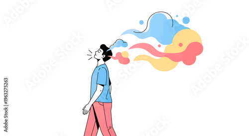 Breathing Person Expressing Abstract Colorful Thoughts and Creative Ideas