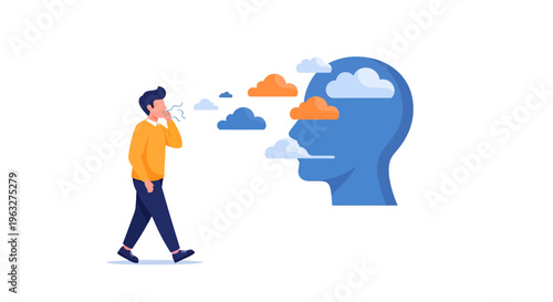 Mental Health Concept Man Walking with Thoughts Emerging from His Head