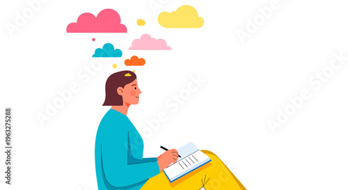 Writing Woman Generating Ideas with Colorful Clouds and Notebook
