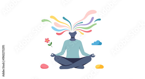 Meditation Person with Colorful Thoughts and Nature Elements