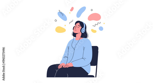 Woman Listening to Music with Headphones Experiencing Calm Relaxation