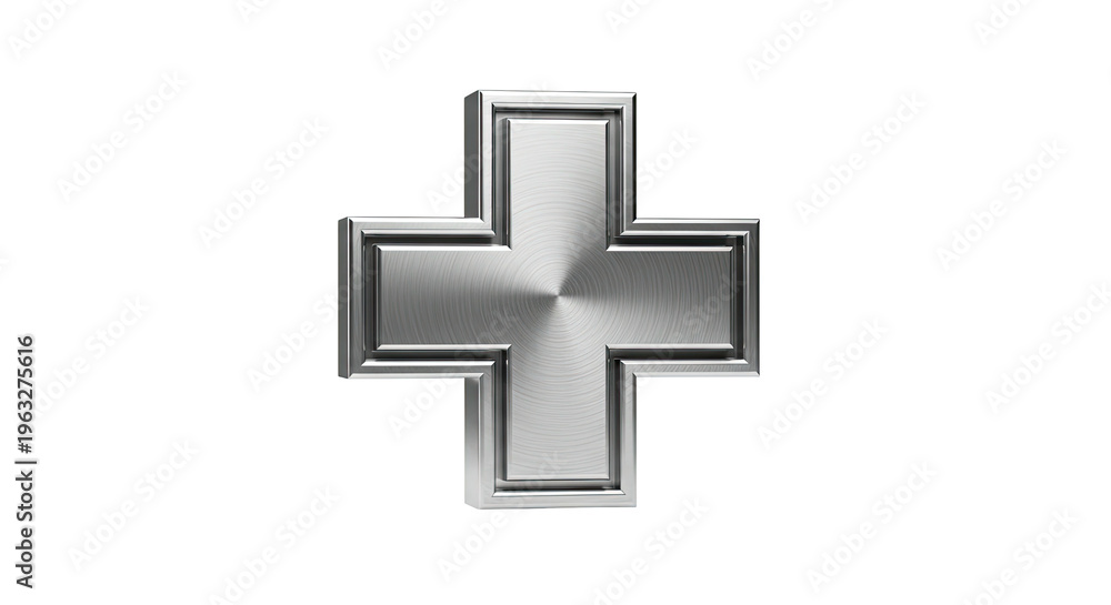 Fototapeta premium A gleaming metallic cross symbol with a brushed texture, isolated on white