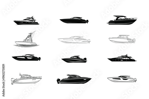 Modern luxury yacht and speedboat silhouettes set isolated on white background